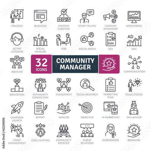 List of icons for community manager tasks such as social network management, data analysis or work team management