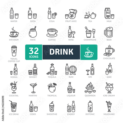  Alcoholic, energy and spirit drinks.Types of Drink. Vector Icons Set.