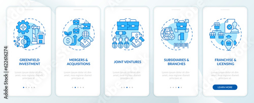 Colorful 2D icons representing foreign direct investment mobile app screen set. Walkthrough 5 steps colorful graphic instructions with linear concepts, UI, UX, GUI template.