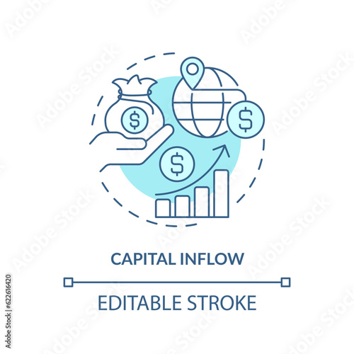 Editable capital inflow icon, isolated vector, foreign direct investment thin line illustration.