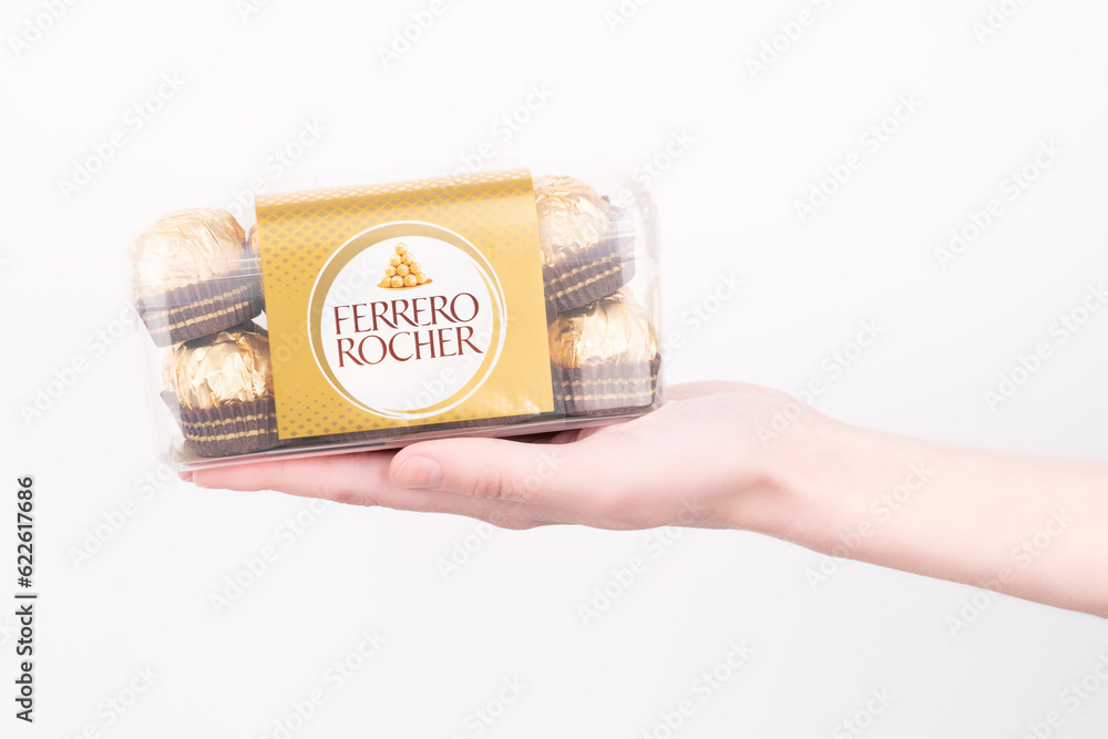 Dnipro. Ukraine 05.03.2023 Ferrero Rocher chocolate and hazelnut