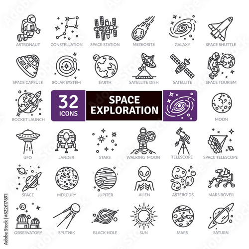 Space Exploration icons Pack. Thin line icon collection. Outline web icon set