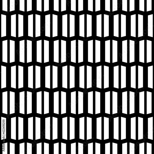 Repeated white geometric figures on black background. Seamless surface pattern design with symmetrical quadrangles ornament. Polygons wallpaper. Strokes and lines motif. Digital paper with stripes.