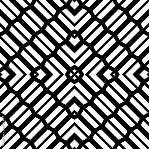 Repeated white geometric figures on black background. Seamless surface pattern design with symmetrical rectangles and brackets ornament. Polygons wallpaper. Diagonal dashes and lines motif. Vector art