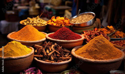Various aromatic colorful spices and herbs. Ingredients for cooking. Ayurveda treatments.
