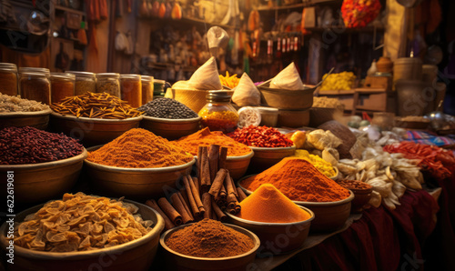 Various aromatic colorful spices and herbs. Ingredients for cooking. Ayurveda treatments. photo