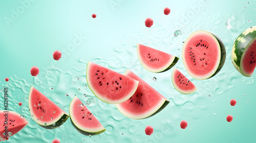 Water splashes on fresh juicy watermelon on red background, closeup
