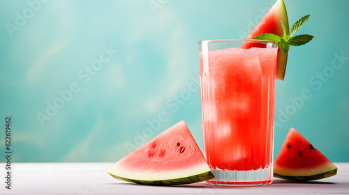 Refreshing watermelon cocktail with mint and ice cubes on pink, blue, green background