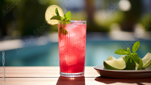 Refreshing summer drink with watermelon and ice in a glass on a wooden table on beach background
