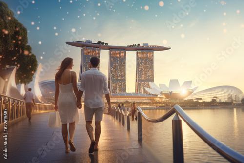 Young couple traveling and walking in Singapore. City in background. Man and woman view from behind. Sunset summer background. Generative AI photo