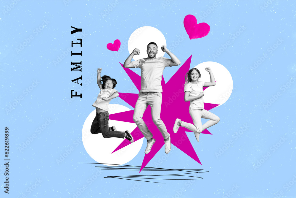 Composite collage of three people jumping have fun crazy family day celebration daddy with kids girl boy isolated on blue background Composite collage of three people jumping have fun crazy family day celebration daddy with kids girl boy isolated on blue background