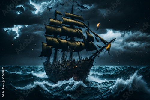 Pirate ship sailing at storm on the sea. Generative ai 