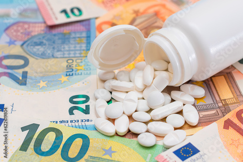 Expensive Medicine and Inflation Concept: Pills and Capsules on the Euro Banknotes. Global Pharmaceutical Industry and Big Pharma. Euro Money Bills