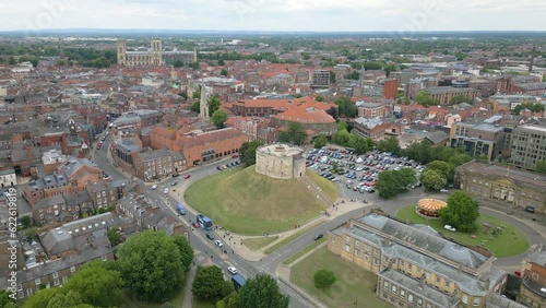 Aerial drone video of Clifford's tower in York, England. photo