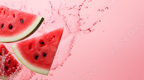 Water splashes on fresh juicy watermelon on red background, closeup
