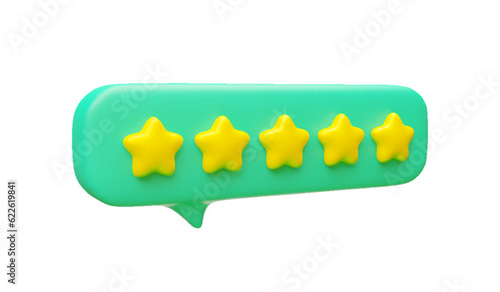 3d five stars feedback speech chat bubble realistic style. Conversation balloon with five golden stars. Social network rating, best service satisfaction, positive user experience vector illustration