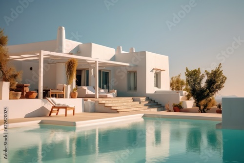 Mediterranean luxurious exterior, outdoor area in a Greek Island Paradise. High end luxurious living room in a villa accommodation © aboutmomentsimages