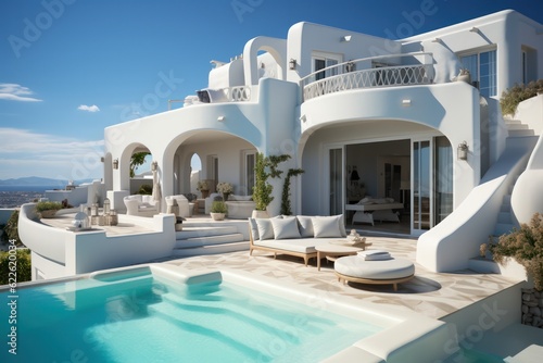 Mediterranean luxurious exterior, outdoor area in a Greek Island Paradise. High end luxurious living room in a villa accommodation