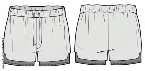 Training Running Gym Sport Short Front and Back View. Fashion Flat Sketch Vector Illustration, CAD, Technical Drawing, Flat Drawing, Template, Mockup.