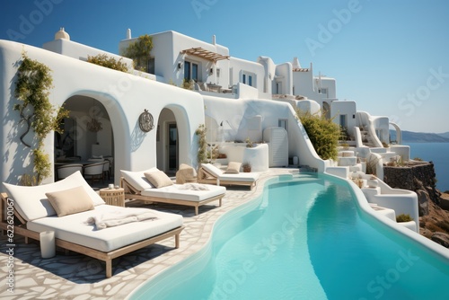 Mediterranean luxurious exterior, outdoor area in a Greek Island Paradise. High end luxurious living room in a villa accommodation © aboutmomentsimages