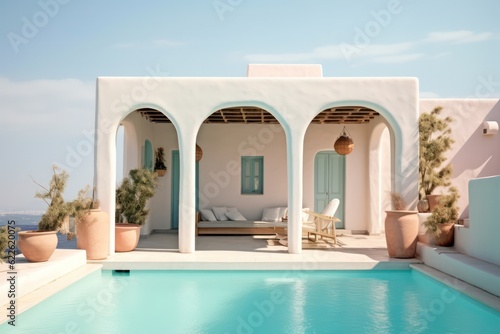 Mediterranean luxurious exterior, outdoor area in a Greek Island Paradise. High end luxurious living room in a villa accommodation © aboutmomentsimages