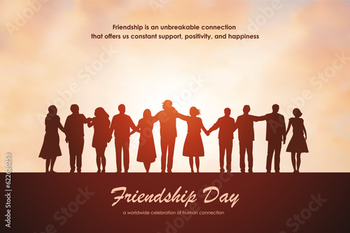 Concept poster design for International Friendship Day. A group of eleven people. Silhouettes of people holding hands. Vector illustration