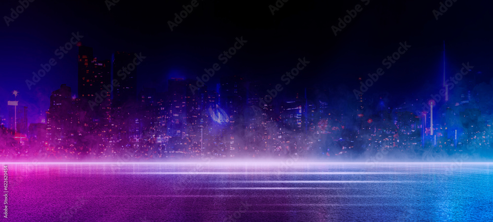 Stage shows, Dark blue background, an empty dark scene, laser beams, neon, spotlights reflecting on the asphalt floor, and a studio room with smoke floating up, a night view of the street, the city