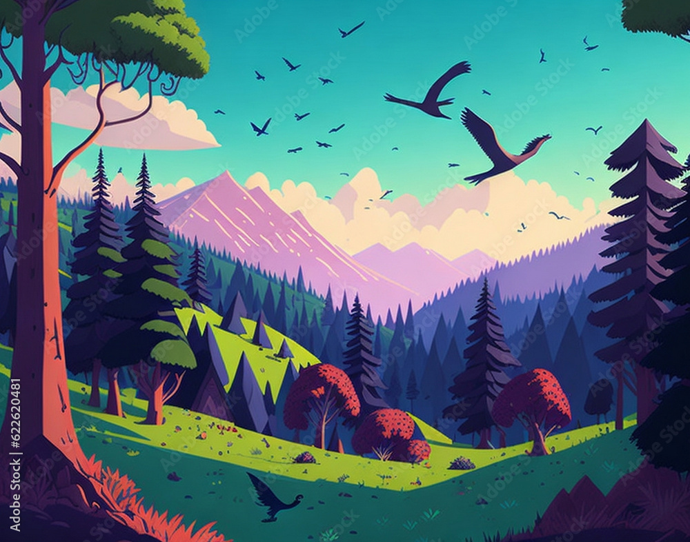 A cartoon summer scene with mountain landscape, Forest and meadow shores illustration, AI Generated