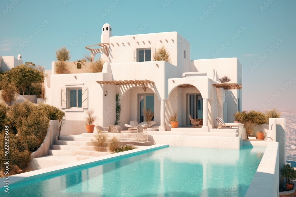 Exterior view of a luxurious, designer villa in Santorini, showcasing sleek architecture and an infinity pool Exterior view of a luxurious, designer villa in Santorini, showcasing sleek architecture and an infinity pool