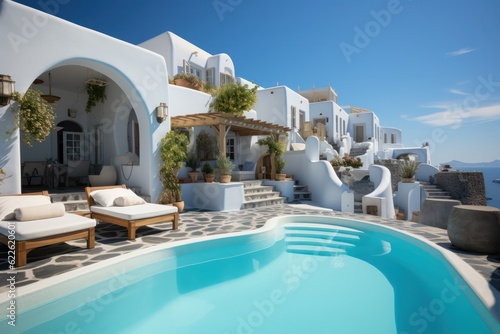 Exterior view of a luxurious, designer villa in Santorini, showcasing sleek architecture and an infinity pool © aboutmomentsimages