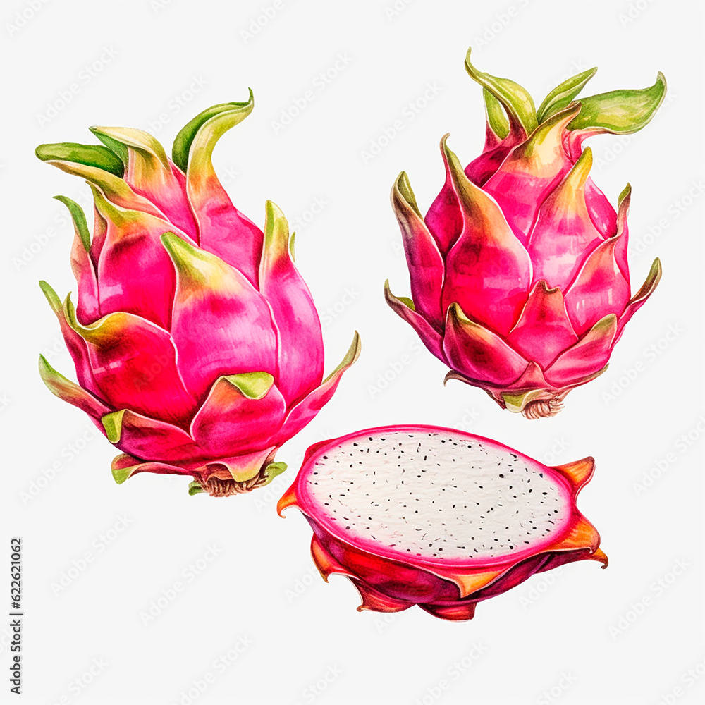 dragon fruit set watercolor on a white background created with Generative Ai dragon fruit set watercolor on a white background created with Generative Ai
