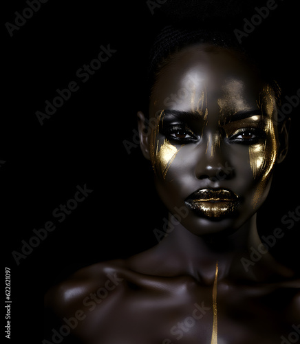 Fashion Concept. Closeup portrait of stunning beautiful woman girl in gold paint. illuminated with dynamic composition light. sensual  mysterious  advertisement  magazine