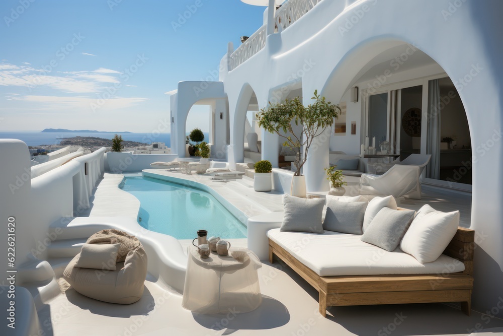 Close-up of designer details in a luxurious Santorini villa with an exterior pool