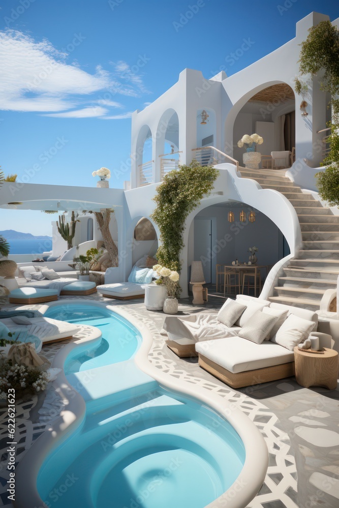 Exterior of a sleek, modern villa in Santorini, showcasing luxurious design and a pool.