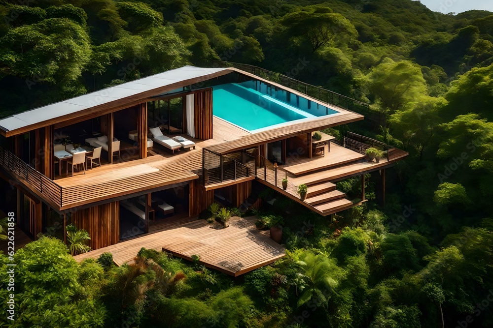 arial view of wooden house in the garden AI generated arial view of wooden house in the garden AI generated