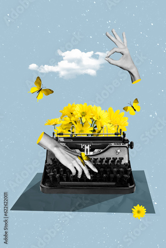 Collage 3d image pinup pop artwork of hands typing copywriter mechanical vintage keyboard yellow bouquet daisy isolated on blue background