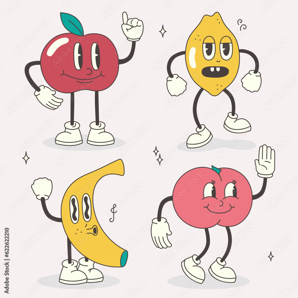 Fototapeta premium A collection of four fruit characters in a groovy style. Vector set with cartoon images of banana, peach, apple and lemon in the retro style of the 70s-80s.
