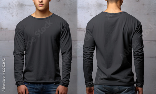 Man wearing a grey T-shirt with long sleeves. Front and back view