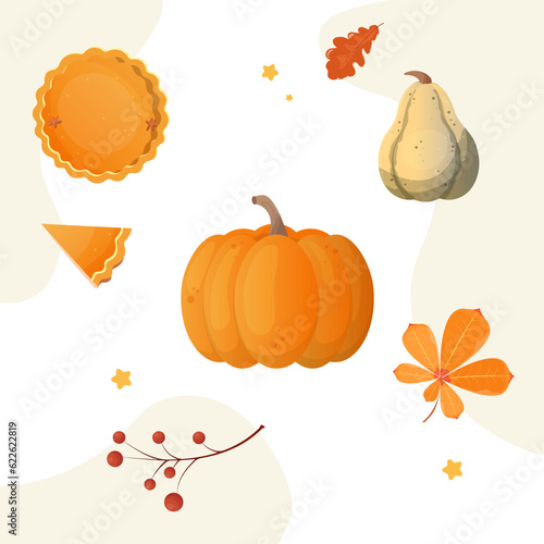 Thanksgiving vector illustration set, pumpkin, pie and leaves photo