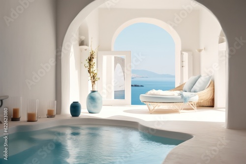 Close-up of luxurious, designer details in a high-end Santorini accommodation with a pool © aboutmomentsimages