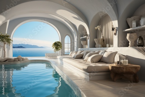 Close-up of luxurious, designer details in a high-end Santorini accommodation with a pool © aboutmomentsimages