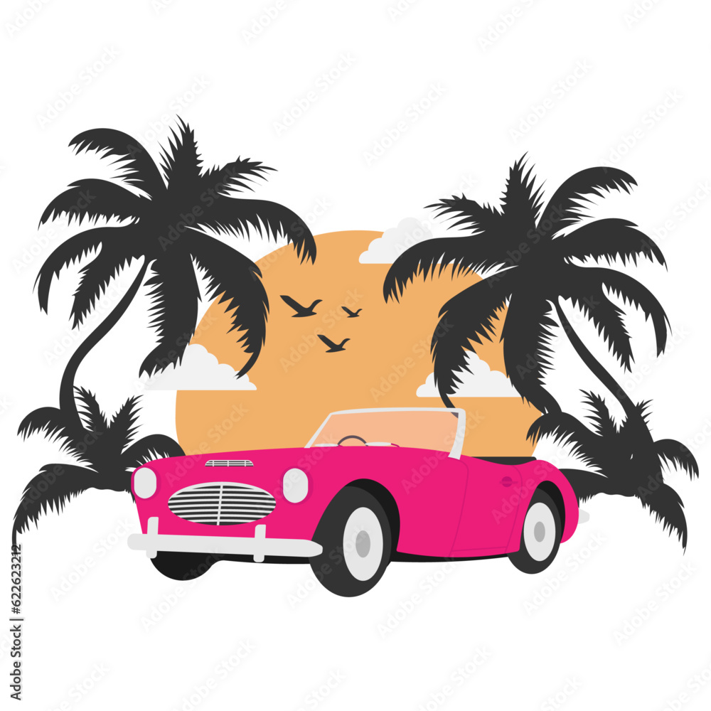 Vintage car on sunset with palm silhouette on a white background. Summer vacation vector illustration for flyer, poster, -shirt design.