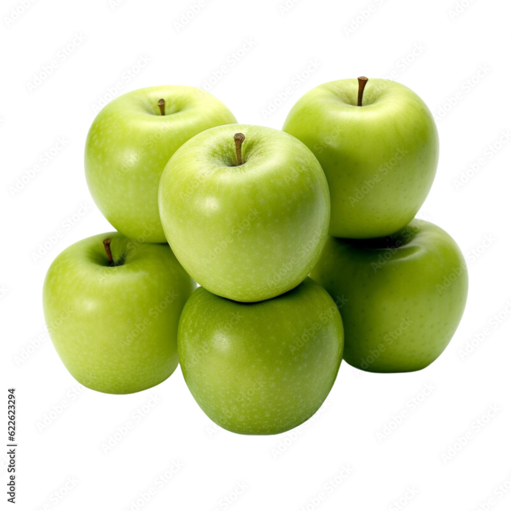 A group of piled green apples isolated on transparent background