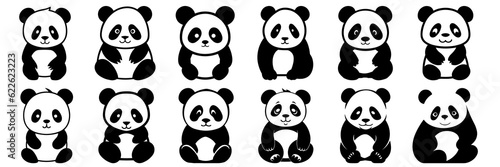 Panda silhouettes set, large pack of vector silhouette design, isolated white background