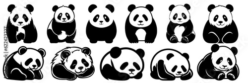 Panda silhouettes set, large pack of vector silhouette design, isolated white background