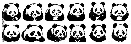 Panda silhouettes set, large pack of vector silhouette design, isolated white background