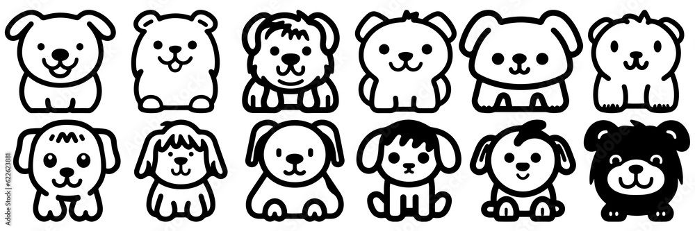 Kawaii dog silhouettes set, large pack of vector silhouette design, isolated white background