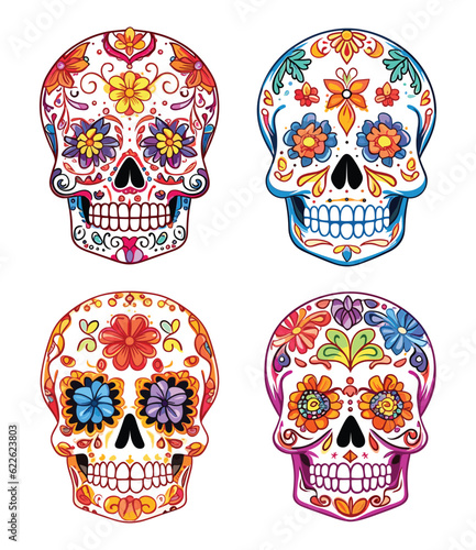 Hand drawn flat dia de muertos skulls collection, Decorated mexican skulls 