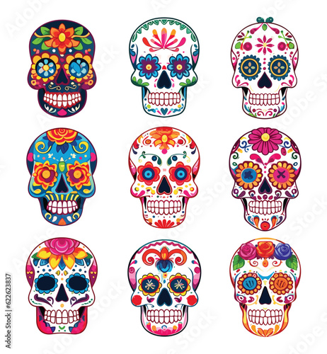 Hand drawn flat dia de muertos skulls collection, Decorated mexican skulls 