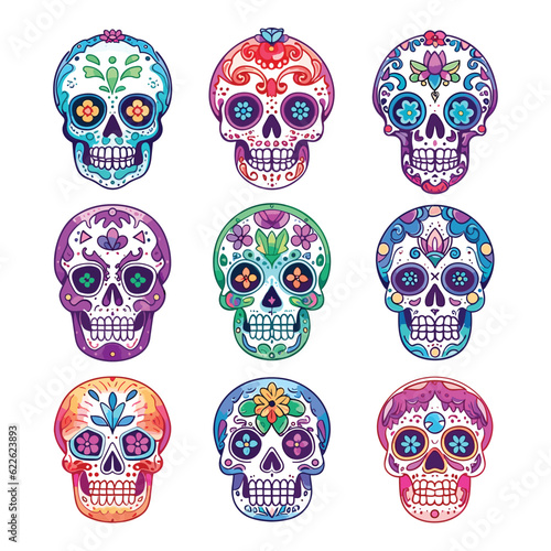 Hand drawn flat dia de muertos skulls collection, Decorated mexican skulls 